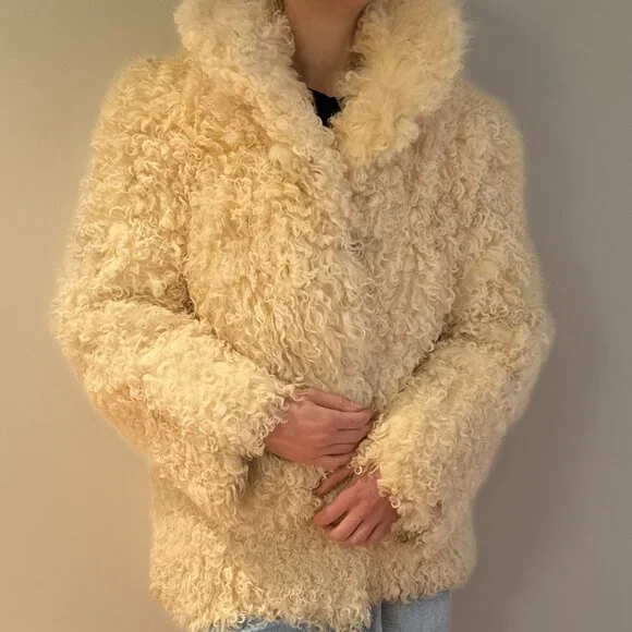 Vintage Persian Curly Geunuine Lamb Afghan Fur Coat White Spotted Jacket S/M - Picture 5 of 8
